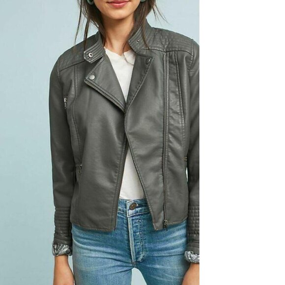 Anthropologie Jacket Moto Crop Womens Extra Small Gray Vegan Faux Leather Pocket - Picture 2 of 15